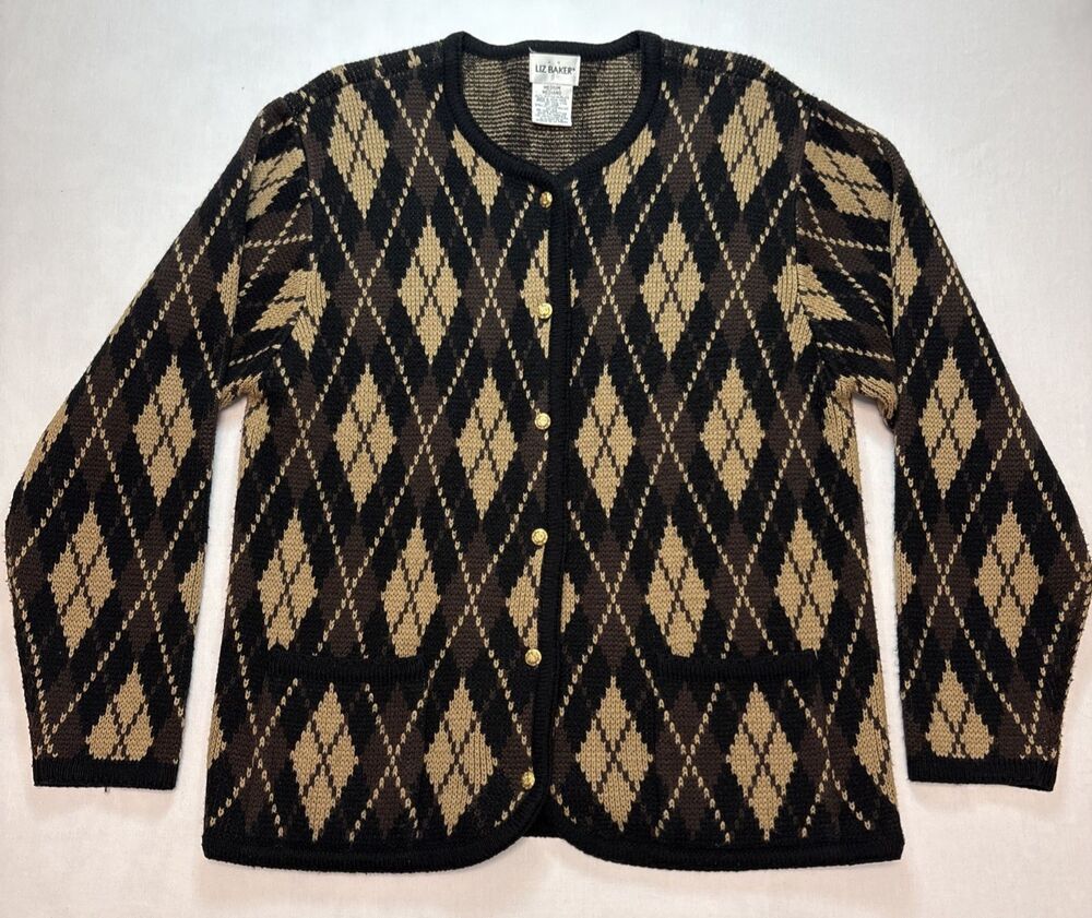Liz Baker Argyle Knit Cardigan Sweater Brown Gold Buttons 80/90s Vintage Medium